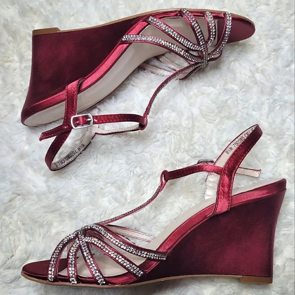David's Bridal Red Metallic Crystal T-Strap Wedge Heels